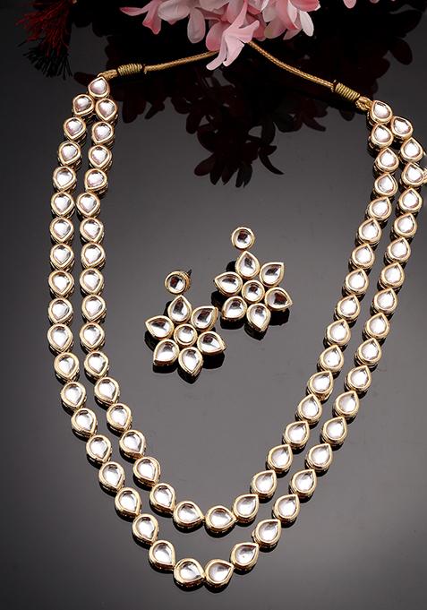Gold Gold Plated Kundan 2 Layered Handcrafted Jewellery Sets With Drop Earrings