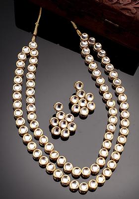 Gold Gold Plated Kundan 2 Layered Handcrafted Jewellery Sets With Drop Earrings