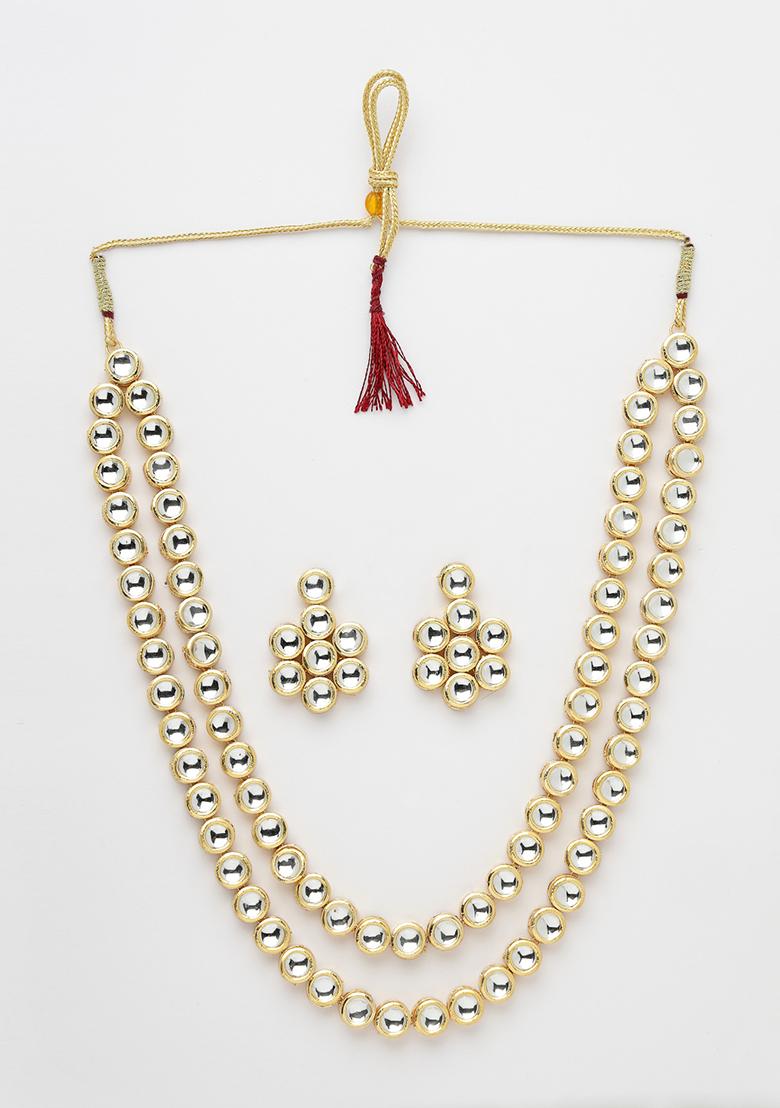 Gold Gold Plated Kundan 2 Layered Handcrafted Jewellery Sets With Drop Earrings
