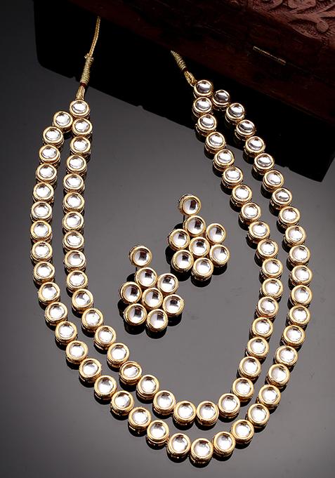 Gold Gold Plated Kundan 2 Layered Handcrafted Jewellery Sets With Drop Earrings