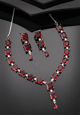 Silver Plated & Maroon Cz Stone Handcrafted Jewellery Set