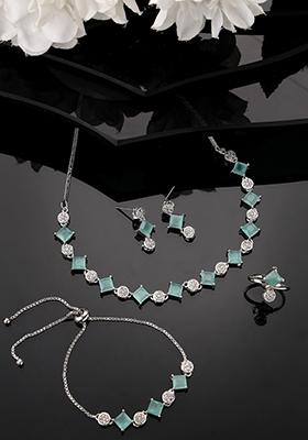 Silver Plated & Blue Cz Stone Handcrafted Jewellery Set