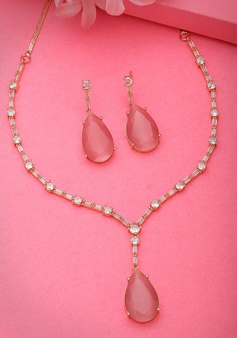 Gold Rose Gold Artificial Stones Studded Handcrafted Jewellery Set