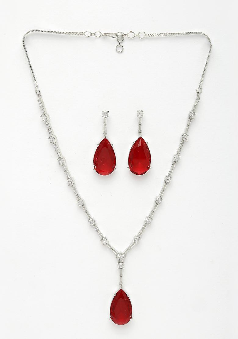 Silver Plated Red Artificial Stones Studded Handcrafted Jewellery Set