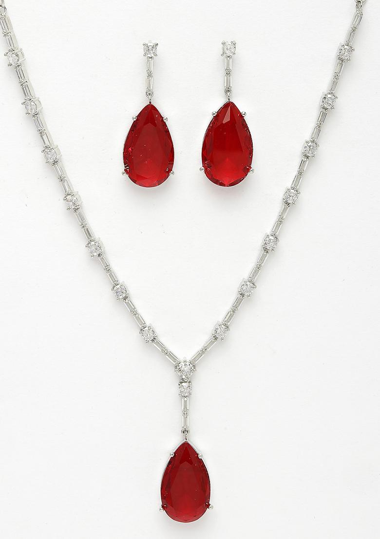 Silver Plated Red Artificial Stones Studded Handcrafted Jewellery Set