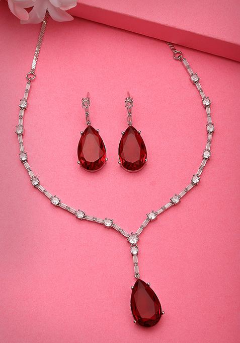 Silver Plated Red Artificial Stones Studded Handcrafted Jewellery Set