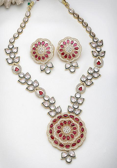 Gold Red & Gold Kundan Studded Handcrafted Jewellery Set