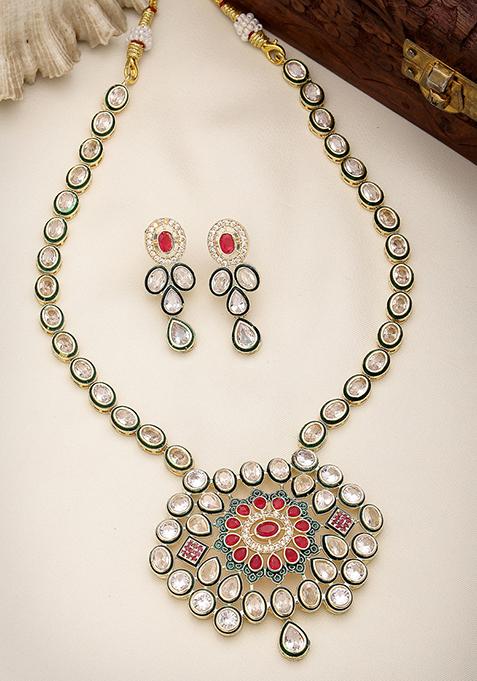 Gold Red & Gold Kundan Studded Handcrafted Jewellery Set