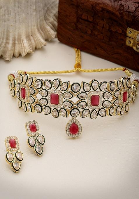 Gold Red & Gold Kundan Studded Handcrafted Choker Jewellery Set