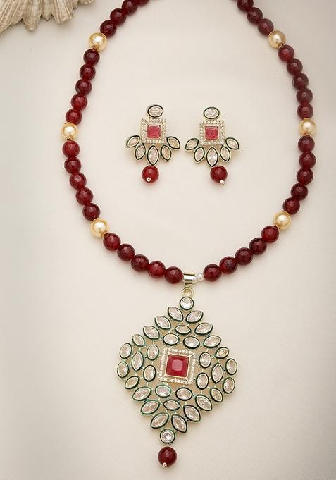 Red Kundan Studded & Beaded Handcrafted Jewellery Set