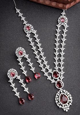 Silver Plated Red Cz Studded Handcrafted Jewellery Set