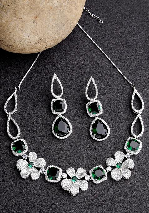 Silver Green & Plated American Diamond Handcrafted Jewellery Set