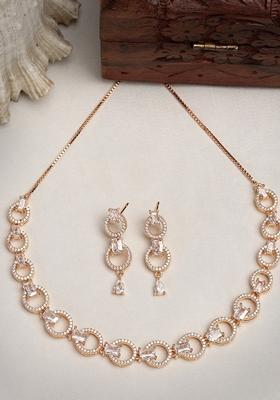 Gold Gold Plated American Diamond Studded Handcrafted Jewellery Set