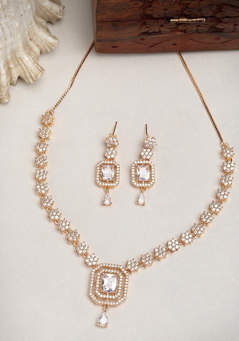 Gold Gold Plated American Diamond Studded Handcrafted Jewellery Set