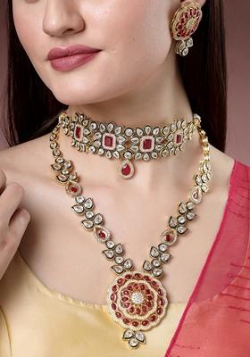 Red Set Of 2 & Gold Kundan Studded Jewellery Set Choker & Long Necklace With Earrings
