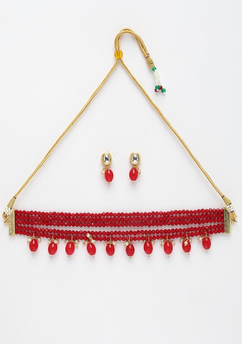 Red Artificial Beads Laye Necklace With Drop Earring