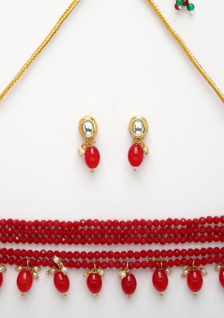 Red Artificial Beads Laye Necklace With Drop Earring