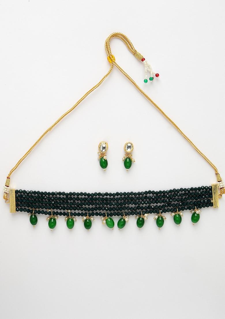 Green Artificial Beads Layered Necklace With Drop Earring