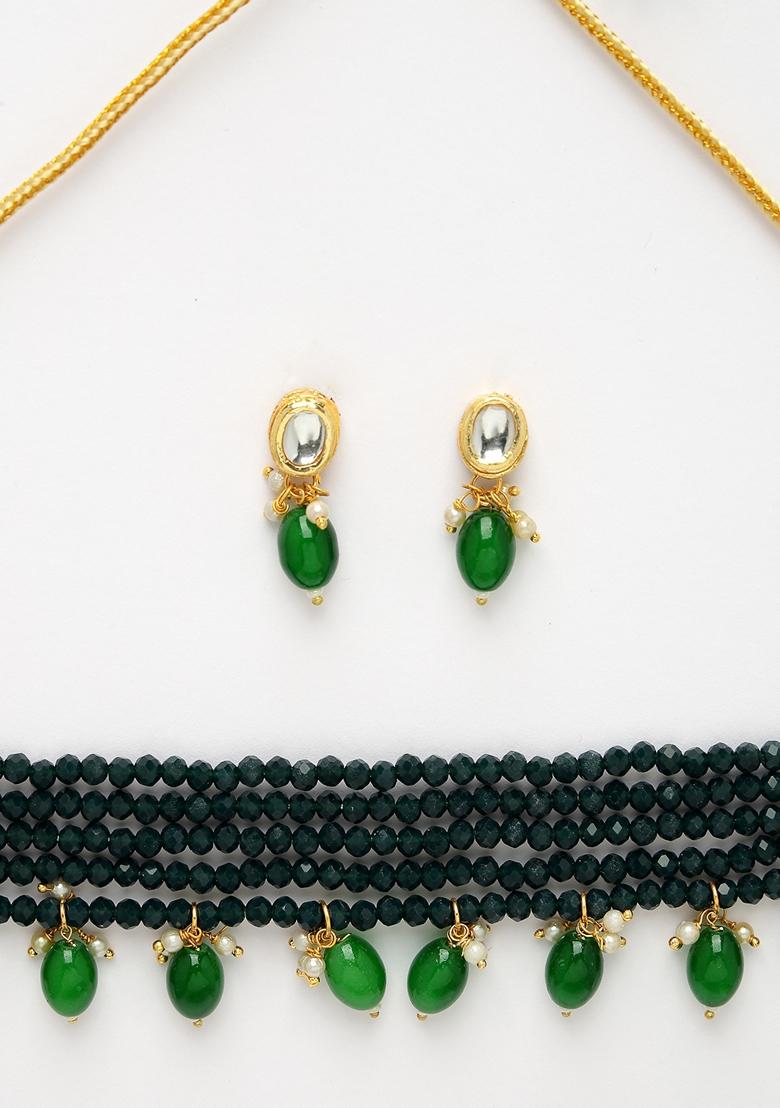 Green Artificial Beads Layered Necklace With Drop Earring