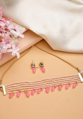 Pink Artificial Beads Layered Necklace With Drop Earring