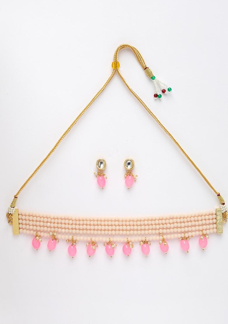 Pink Artificial Beads Layered Necklace With Drop Earring