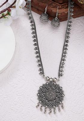 Silver Toned Floral Shape Oxidized Necklace With Jhumka Earrings