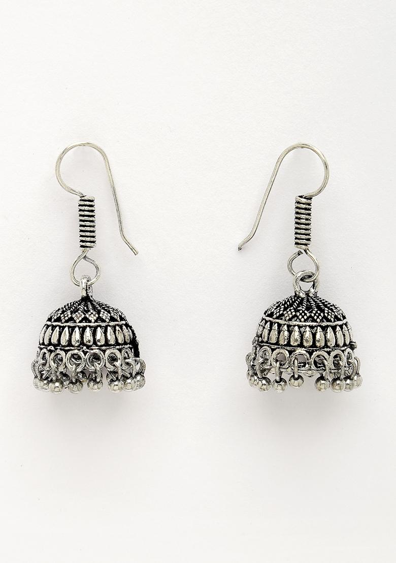 Silver Toned Floral Shape Oxidized Necklace With Jhumka Earrings