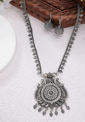 Silver Toned Peacock Design Oxidized Necklace With Jhumka Earrings