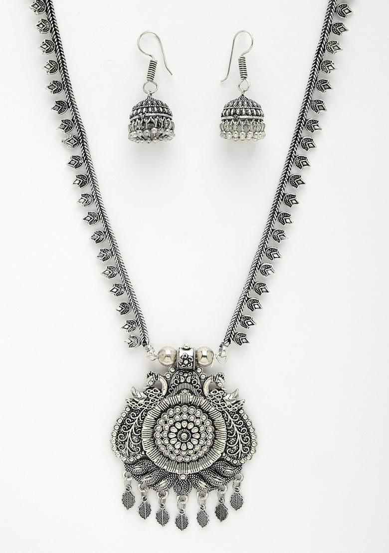 Silver Toned Peacock Design Oxidized Necklace With Jhumka Earrings