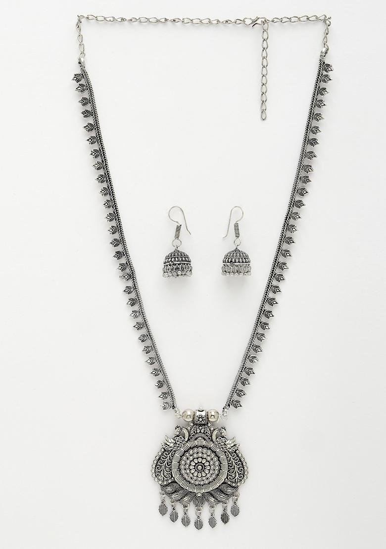 Silver Toned Peacock Design Oxidized Necklace With Jhumka Earrings