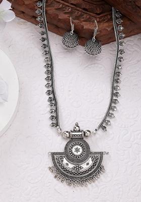 Silver Toned German Oxidised Necklace With Jhumka Earrings
