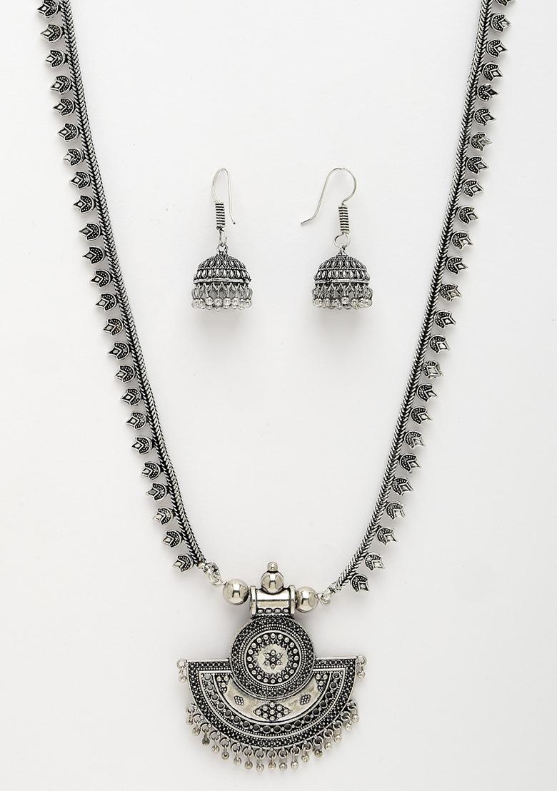 Silver Toned German Oxidised Necklace With Jhumka Earrings
