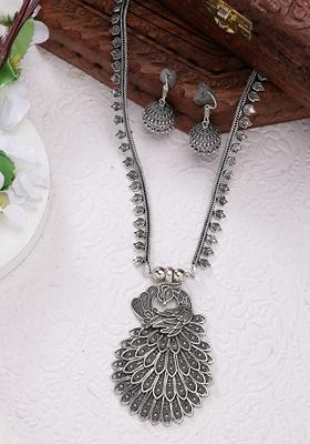 Silver Toned Peacock Design Oxidized Necklace With Jhumka Earrings