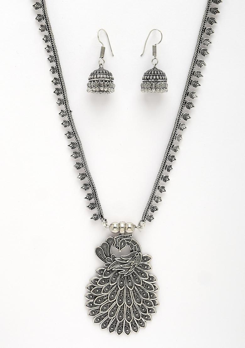 Silver Toned Peacock Design Oxidized Necklace With Jhumka Earrings