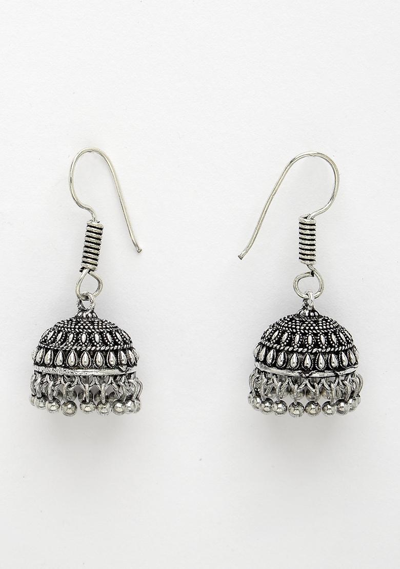 Silver Toned Peacock Design Oxidized Necklace With Jhumka Earrings