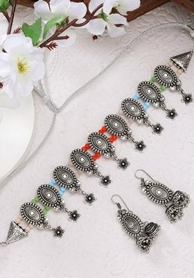 Silver Plated Choke Oxidized Necklace With Jhumka Earrings