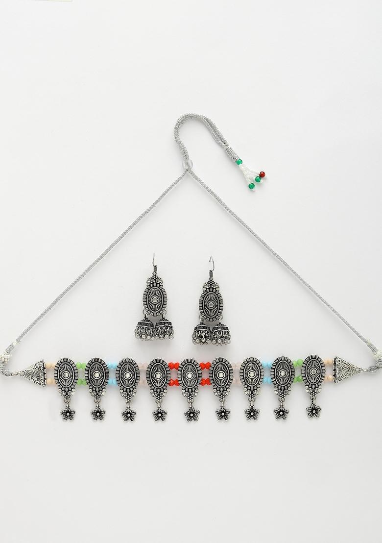 Silver Plated Choke Oxidized Necklace With Jhumka Earrings