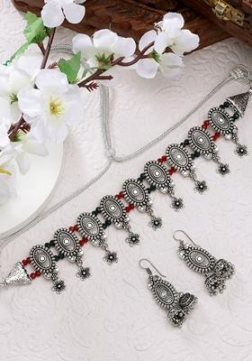 Silver Plated Choke Oxidized Necklace With Jhumka Earrings