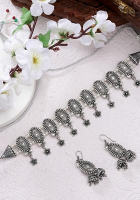 Silver Plated Choke Oxidized Necklace With Jhumka Earrings