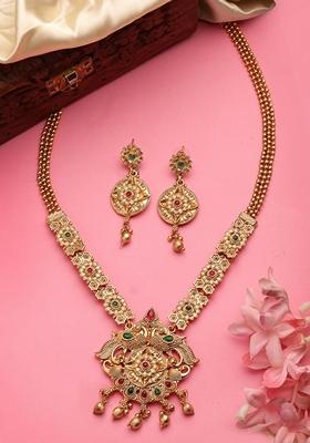 Gold Gold Plated Pink & Green Stone Studded Peacock Design Temple Jewellery Set