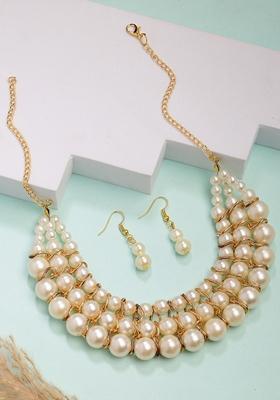 Gold Gold Plated White Pearl Beaded Handcrafted Jewellery Set