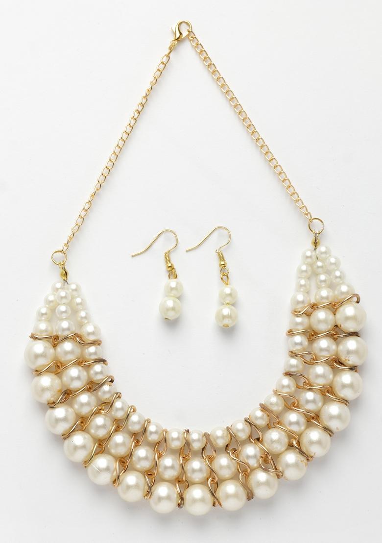 Gold Gold Plated White Pearl Beaded Handcrafted Jewellery Set