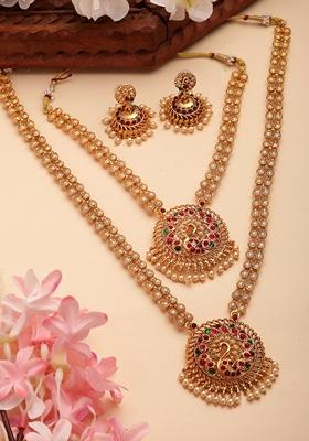 Gold Set Of 2 Gold Plated Red & Green Stone Studded Peacock Design Temple Jewellery Set