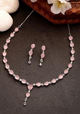 Pink Silver Plated Cz Studded Handcrafted Jewellery Set