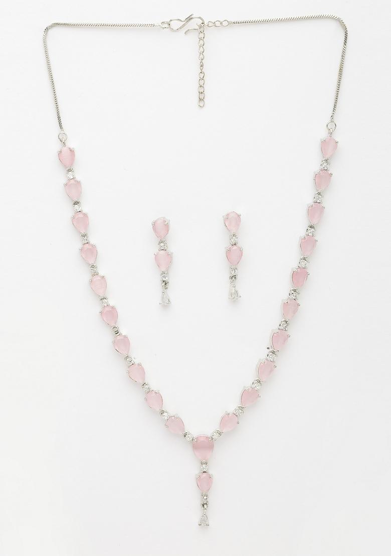 Pink Silver Plated Cz Studded Handcrafted Jewellery Set