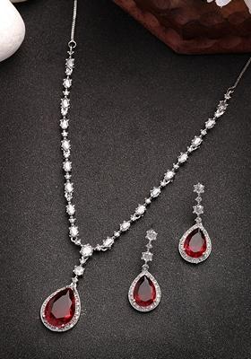 Red Silver Plated American Diamond Studded Handcrafted Jewellery Set