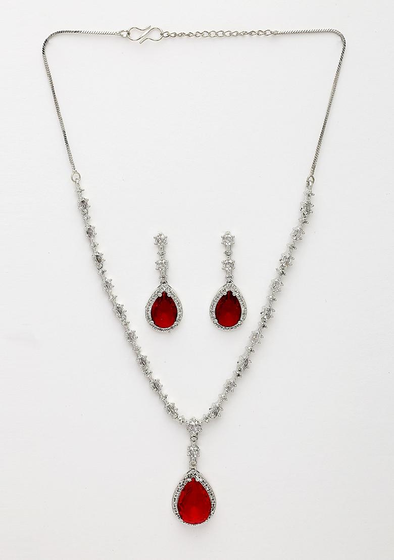 Red Silver Plated American Diamond Studded Handcrafted Jewellery Set