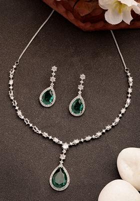 Green Silver Plated American Diamond Studded Handcrafted Jewellery Set