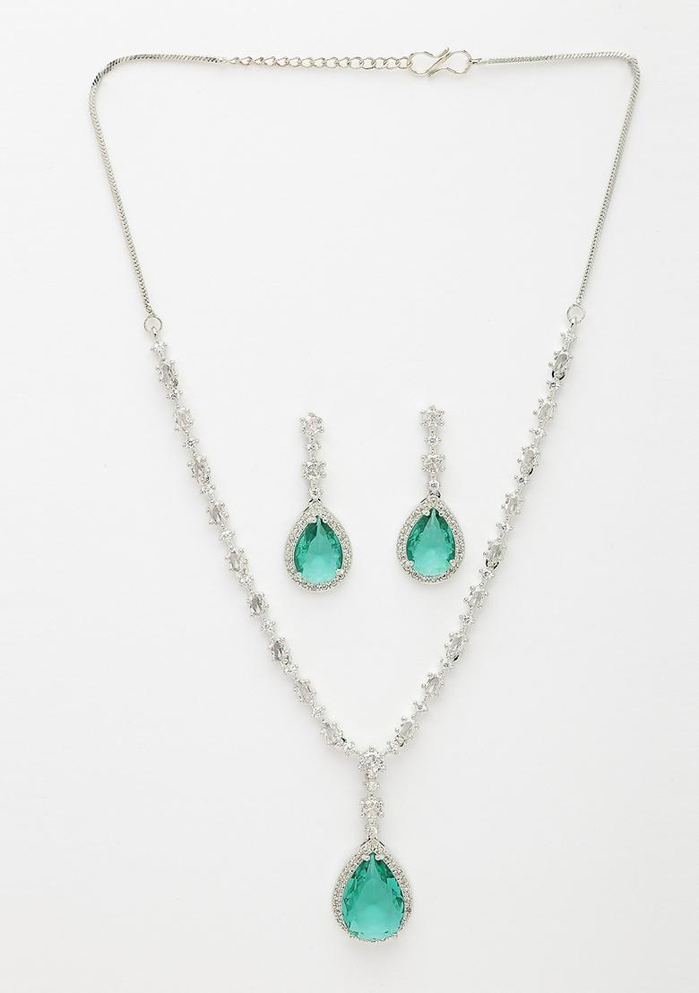 Green Silver Plated American Diamond Studded Handcrafted Jewellery Set