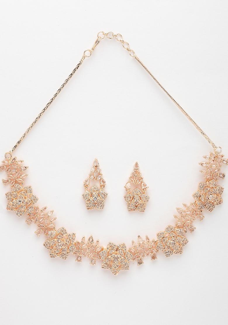 Gold Rose Gold Plated American Diamond Studded Handcrafted Jewellery Set